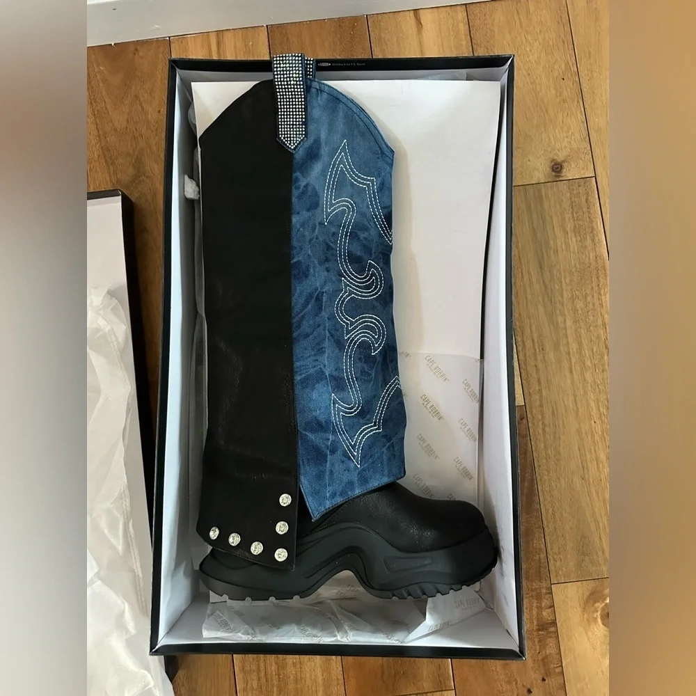 CAPE ROBBIN SUNGSU WESTERN DENIM/RHINESTONE PLATFORM BOOTS NIB